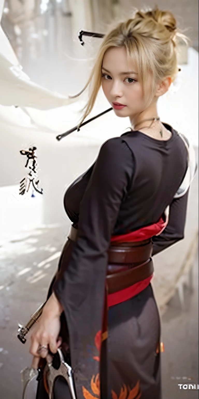 (8k、RAW Photos、Highest quality、masterpiece:1.2)、(Highest quality、Realistic)、1 Girl、((ガーターbelt、Japanese clothing、Arm Covers、Ninja costume、mini skirt、black、tights、Belly button、Gloves、belt、ponytail、See-through、Thin legs、whole body、boots、City of night、View from the front、Looking into the camera、Stand with hands on hips))、cute
