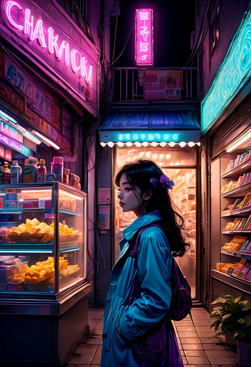 1girl, midnight convenience store, aesthetic, vibrant city lights, dimly lit shelves full of snacks and drinks, a cashier with tired eyes, fluorescent lighting casting a soft glow, late-night customers browsing the aisles, flickering neon signs outside the store, a sense of mystery and solitude, a hazy atmosphere with a touch of nostalgia, cinematic and atmospheric, high-res details capturing the smallest nuances, a combination of realism and dream-like quality, urban aesthetic blending with a hint of surrealism, cool blue and purple tones, soft shadows and subtle highlights, an ambiance that evokes a sense of tranquility and possibility in the midst of the night.