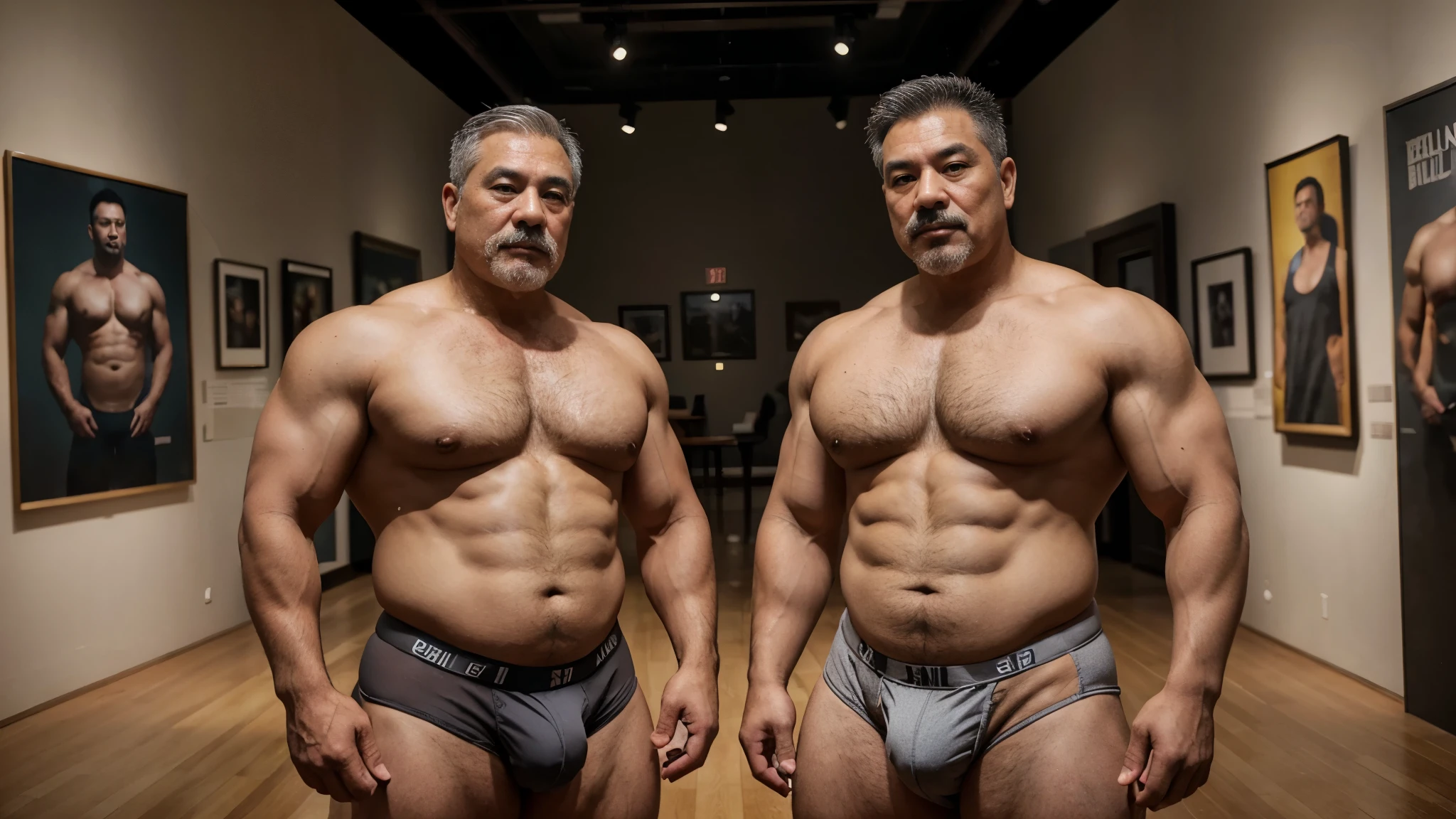2 Vietnamese grandfathers with gray hair, mature face, a thick gray mustache, a short gray chin beard, bear body, wearing a massive bulging gray jockstraps stand in museum, have belly, big muscular chest, a sexy pose, show underwear.