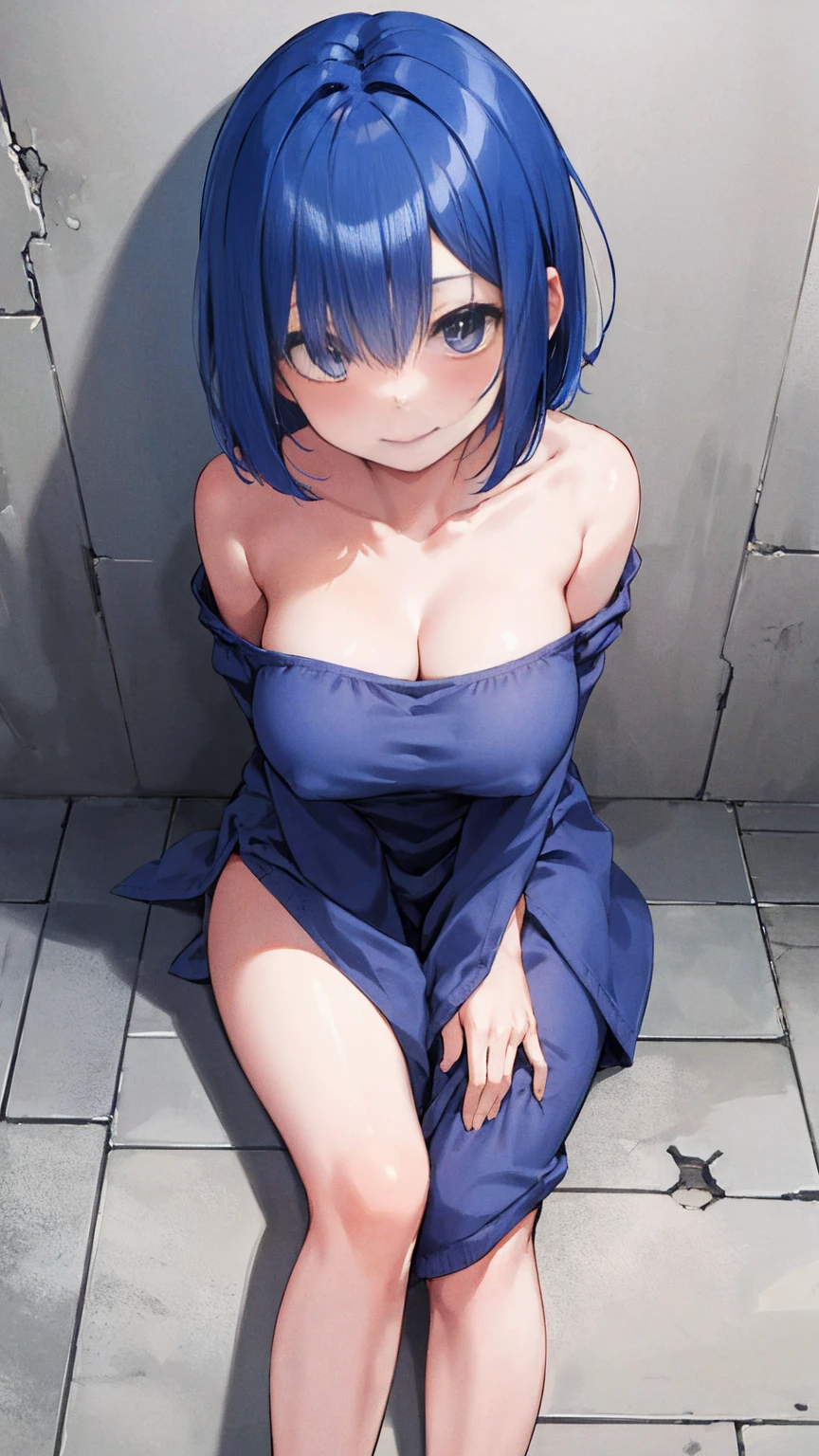 blue hair,  \(Also:zero\), [smile], blush,  masterpiece, highest quality, 1 girl, bob cut，bob hair，hair above one eye、Completely naked、Open your legs wide from side to side、sit on the ground、Put your hands under your knees and lift your legs up a little.、lean against the wall、Angle from below、huge breasts、