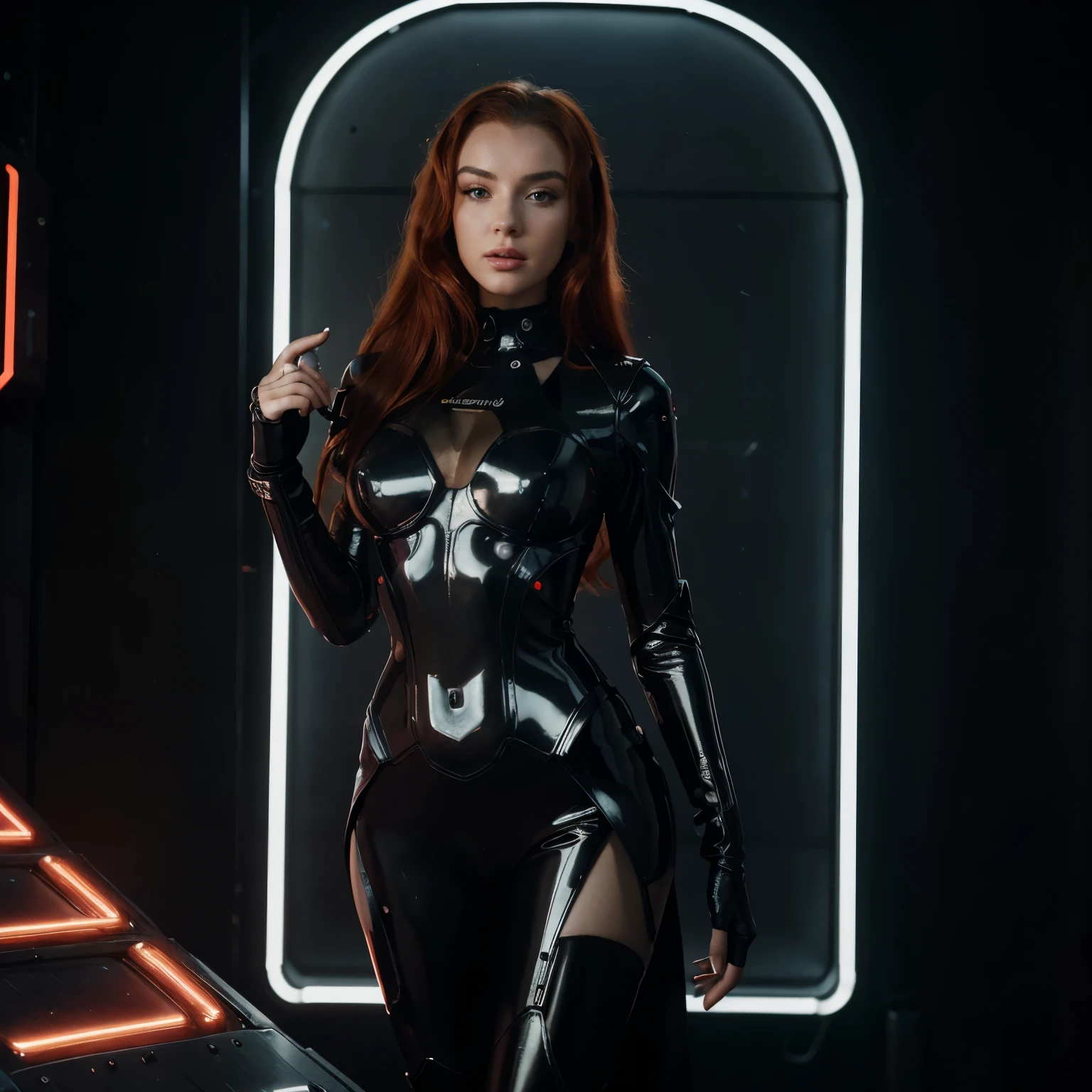 A very beautiful cybernetic girl, with long fiery red hair, slender, Futurism, cyberpunk, steampunk, dressed in a black with silver inserts latex shiny futuristic suit with elements of space and ancient ethno, The girl looks like Marilyn Monroe, stands full-length on a dark background with bright shimmering neon lights, in bright flashes of neon light, cinematic quality, Masterpiece, high quality photo Cinematic Frame, Hasselblad X2D, ultra-detailed, photorealistic, cinematic quality