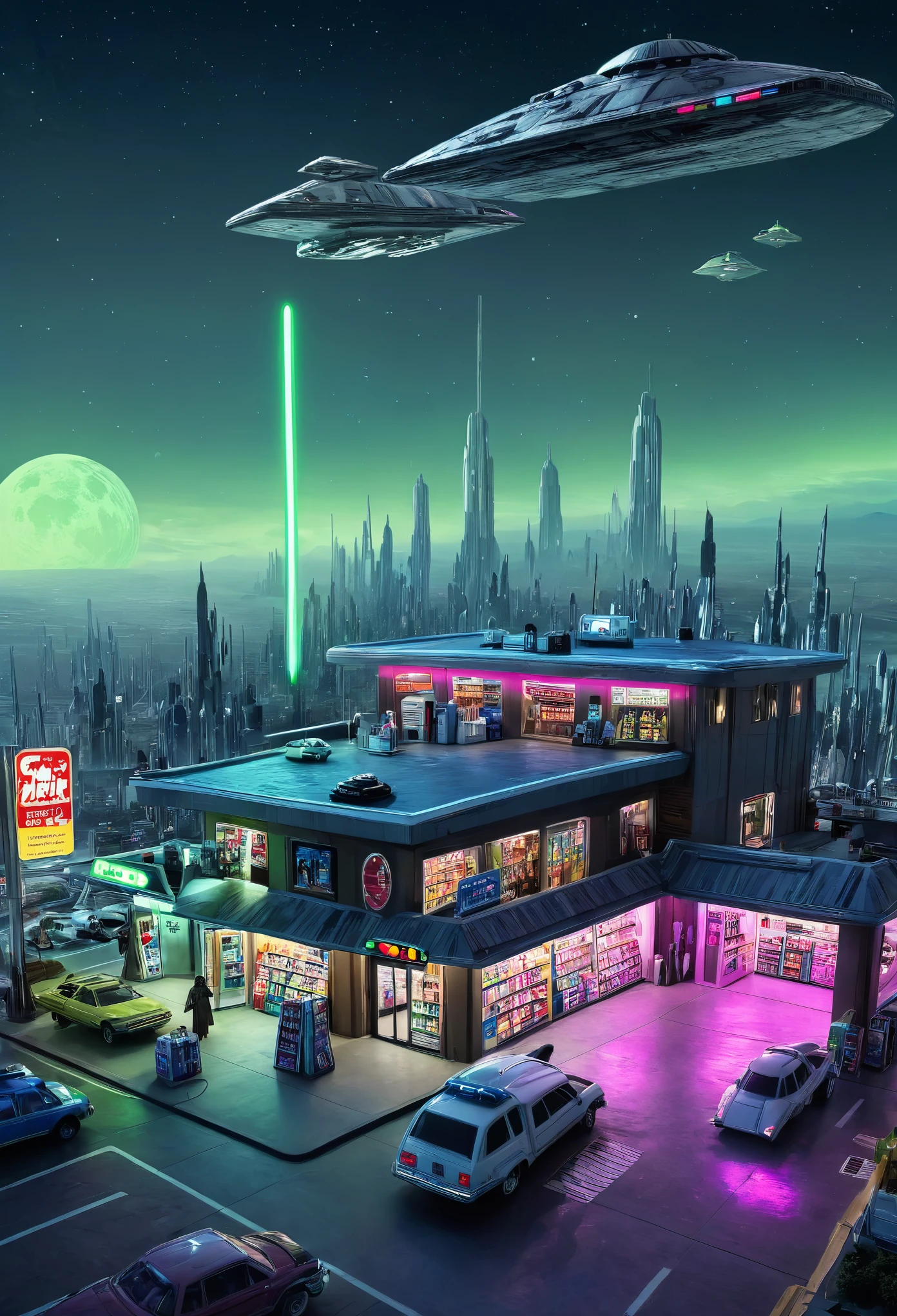 wide long shot:1.7, ((Star Wars style:1.5)), ((large flying midnight convenience store, floating in space, otherworldly, other planet, futuristic, with aliens shopping: 1.5)), (futuristic city, flying cars that fly at midnight: 1.3, ((sign with text, "24-hour store" in neon magenta:1.3)), masterpiece, hyper-realistic, highly detailed and well-defined, award-winning image, beautiful photography, high resolution, masterpiece:1.2, HDR, ultra detailed.