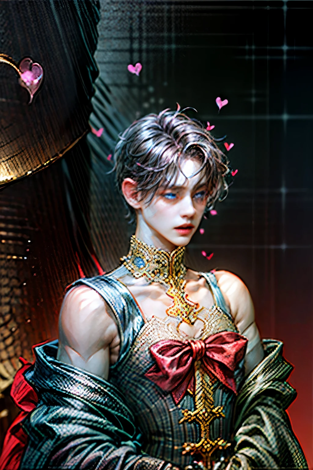 Male, black hair with pink highlights, Incubus, Demon of lust, blue eyes, pale, short fluffy hair, lithe body, masterpiece, intricate details, beautiful, handsome, heart themed