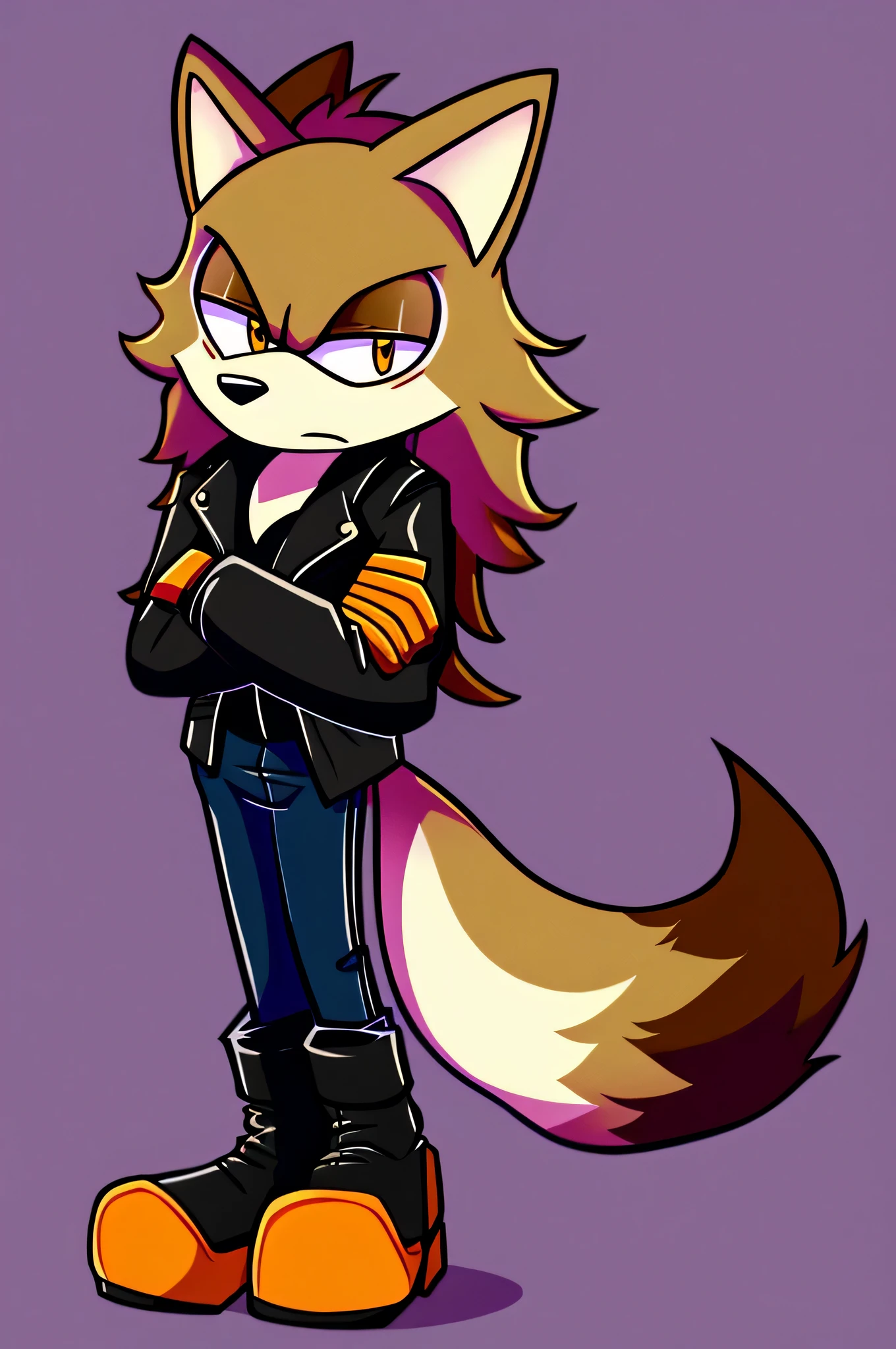 brown Mobian wolf male, full body, serious expression, arms crossed, plain background, leather jacket, black boots, black pants, facing camera