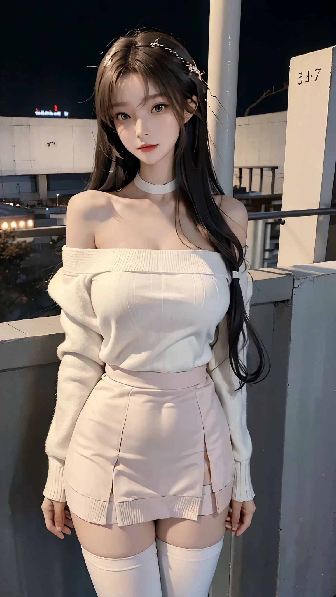 A beautiful Chinese girl wearing an off-shoulder white sweater dress and black pantyhose,Height 160,Weight 45kg,Perfect body,fairer complexion,Oval face,Deep facial features,Long brown hair,A confident smile,A little blush on face,light pink eyeshadow,night time,Posing against the railing on the observation deck,Realistic style,masterpiece