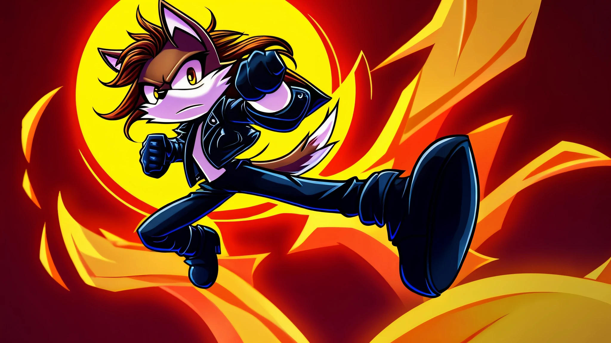 brown Mobian wolf male, cinematic, serious expression, action pose, plain background, leather jacket, black boots, black pants