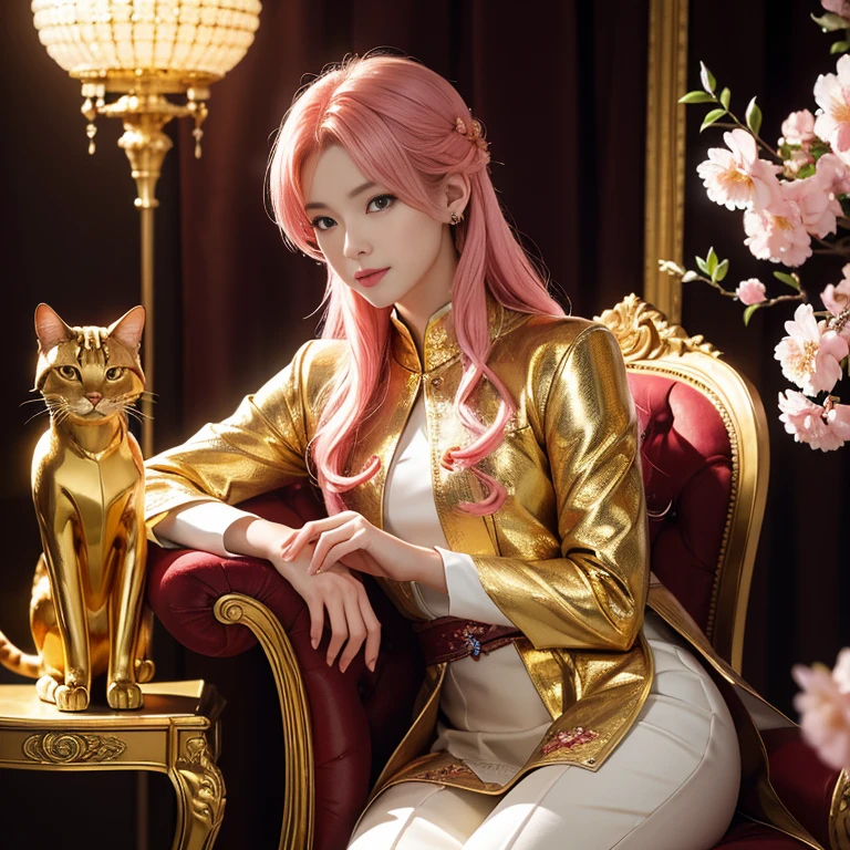 Close-up of a golden cat statue on a light background, shining golden aura, Wearing golden cat armor, anthropomorphic cat, The Best of Adobe Stock, emits golden light, Shining gold color, god of cats, Trending with Shutterstock, there is nothing, Ink flower, anthropomorphic female cat, happy cat, beautiful gold saint, sculpture made of gold、cherry blossomsの木、Messenger of God、Mysterious Power、Very auspicious、very mysterious、Glowing cat、highest quality,Ultra high resolution output image), (8K quality),(Image mode Ultra HD),nikon, 8K,whole body、from the front、cherry blossoms、cherry blossomsの木、Full of light、Anime girl with long pink hair sitting on a chair holding a rose, Character portraits inspired by Hiro Yamagata, pixiv, neo-romanticism, beautiful androgynous prince, Demon slayer art handsome man, Elegant anime key visual, delicate and androgynous prince, handsome anime pose, Handsome male vampire, sakimichan frank franzzeta