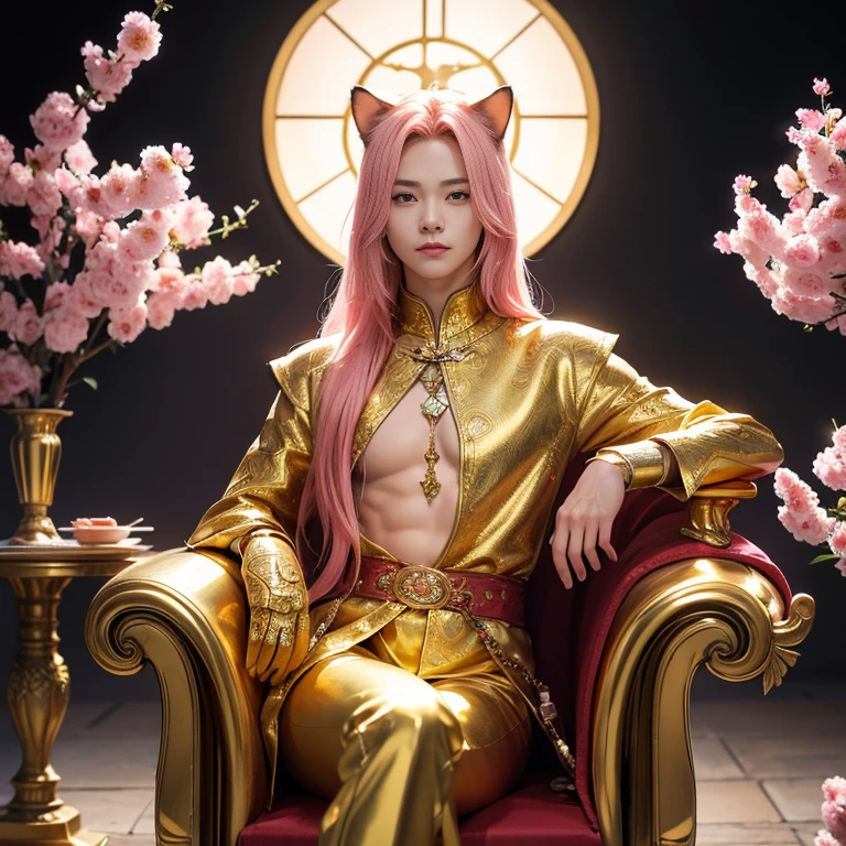 Close-up of a golden cat statue on a light background, shining golden aura, Wearing golden cat armor, anthropomorphic cat, The Best of Adobe Stock, emits golden light, Shining gold color, god of cats, Trending with Shutterstock, there is nothing, Ink flower, anthropomorphic female cat, happy cat, beautiful gold saint, sculpture made of gold、cherry blossomsの木、Messenger of God、Mysterious Power、Very auspicious、very mysterious、Glowing cat、highest quality,Ultra high resolution output image), (8K quality),(Image mode Ultra HD),nikon, 8K,whole body、from the front、cherry blossoms、cherry blossomsの木、Full of light、Anime girl with long pink hair sitting on a chair holding a rose, Character portraits inspired by Hiro Yamagata, pixiv, neo-romanticism, beautiful androgynous prince, Demon slayer art handsome man, Elegant anime key visual, delicate and androgynous prince, handsome anime pose, Handsome male vampire, sakimichan frank franzzeta