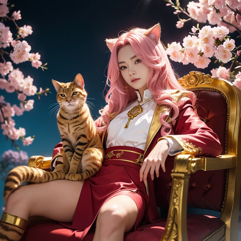 Close-up of a golden cat statue on a light background, shining golden aura, Wearing golden cat armor, anthropomorphic cat, The Best of Adobe Stock, emits golden light, Shining gold color, god of cats, Trending with Shutterstock, there is nothing, Ink flower, anthropomorphic female cat, happy cat, beautiful gold saint, sculpture made of gold、cherry blossomsの木、Messenger of God、Mysterious Power、Very auspicious、very mysterious、Glowing cat、highest quality,Ultra high resolution output image), (8K quality),(Image mode Ultra HD),nikon, 8K,whole body、from the front、cherry blossoms、cherry blossomsの木、Full of light、Anime girl with long pink hair sitting on a chair holding a rose, Character portraits inspired by Hiro Yamagata, pixiv, neo-romanticism, beautiful androgynous prince, Demon slayer art handsome man, Elegant anime key visual, delicate and androgynous prince, handsome anime pose, Handsome male vampire, sakimichan frank franzzeta