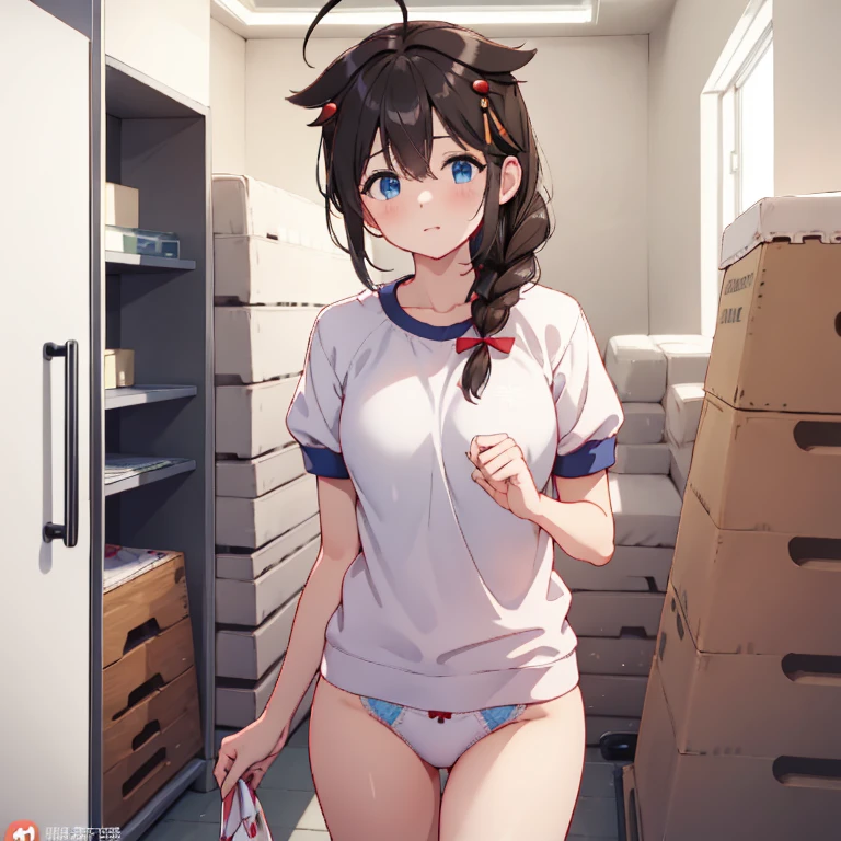 gym storeroom, shigure, ahoge, brown hair, blue eyes, braid, hair ornament, hair over shoulder, long hair, single braid, hair flaps, (masterpiece, best quality:1.2), illustration,8k,hd,long hair, single braid, clenched fist、white panties、white gym uniform