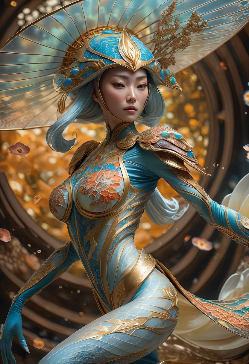 (best quality,4k,8k,highres,masterpiece:1.2),ultra-detailed,(realistic,photorealistic,photo-realistic:1.37), HDR,UHD,studio lighting,ultra-fine painting,sharp focus,physically-based rendering,extreme detail,art nouveau,tarot card style, onmyoji detailed art, 1female alien, cyborg samurai, (dynamic pose:1.6),wide angle, Dynamic angle and composition, from sengoku period, futuristic alien, (wearing an biological exoskeleton made of marble:1.6), (Holding a large sword), (fractal designs), clothed in old samurai uniform, wearing kimono armor, (wearing a fish-shaped glass helmet:1.37), highly detailed exoskeleton, (her exoskeleton have organic details adorned with beautiful gems:1.37), futuristic alien,(wearing a translucent cloth cape in the shape of a leaf:1.4), Translucent petal-like cloth hangs from her waist, horror, (sci-fi), (concept art inspired by moebius), (Incredibly beautiful nature background with fungi:1.6), dreamy lighting, vibrant colors,earthen and pale red hues,Yoshitaka Amano style, intricate details, (surreal landscape), otherworldly creatures, mesmerizing pattern, intricate helmet design, dreamlike atmosphere, (mythical creatures), surrealistic composition, organic shapes, full body wuxia, trending on cgsociety
