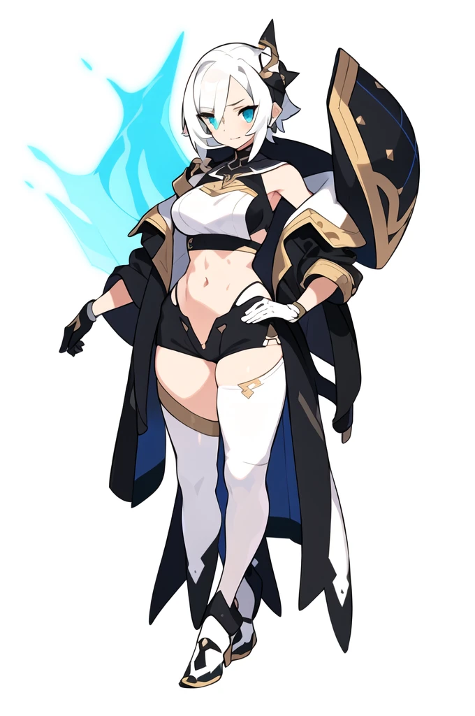 white background, top-quality, character design, concept art, 1girl, fluffy short white hair, fantasy medieval rogue outfit, blouse, steampunk accessories, long tailcoat, (large breasts:1.2), (modestly dressed:1.5), (androgynous:1.6), (genshin character:1.3), boyish features, powerful pose, young
