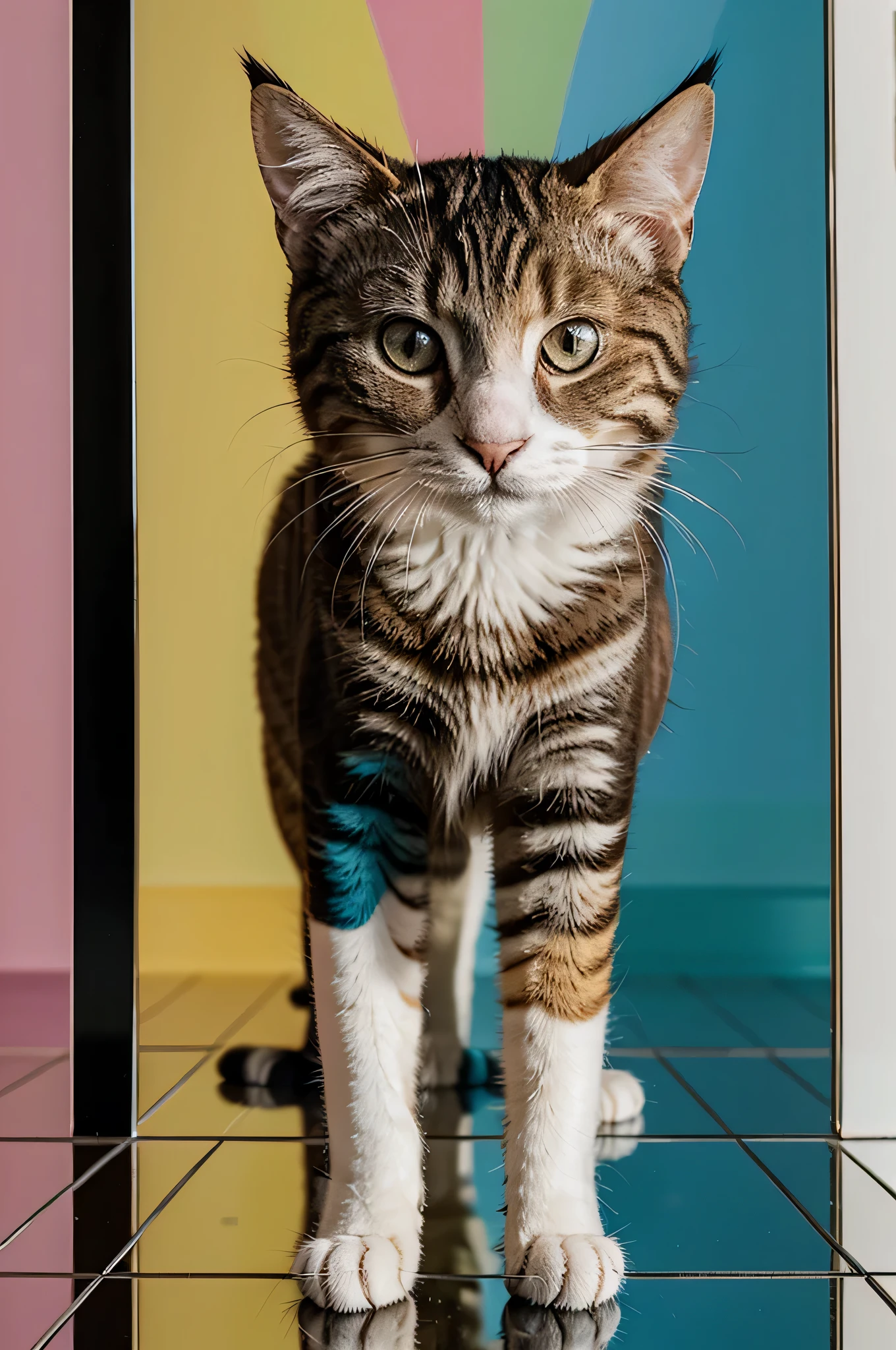 (Popart) ( bunte Katze die sich in einem See spiegelt)