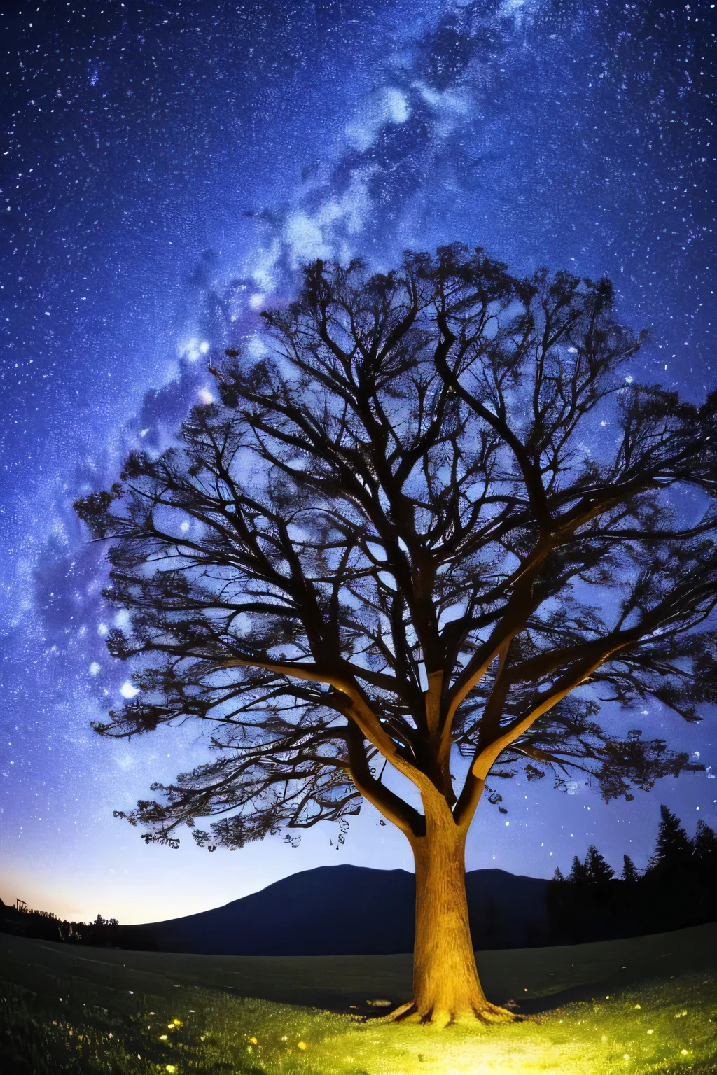 Close-up of a tree，There are a lot of stars on it, mia brownell (Mia Brownell) digital rendering of, Pixel, Magical Realism, starry night!!!!!!!!!!!!!!!!!!!!, twinkling stars, Beautiful blue lights, magic tree, Magical Lights, stars sparkle in the night, Lush hair made of city lights, with glowing blue lights, starry sky, beautiful lighting