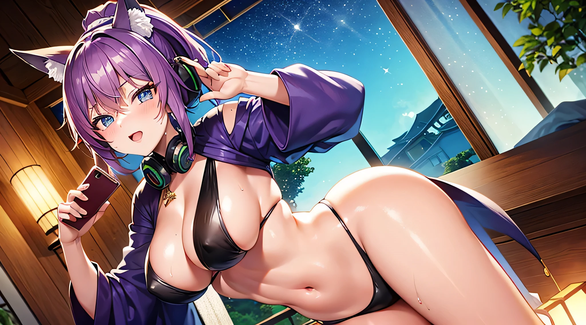 masterpiece、highest quality、1girl , solo , huge breasts、deep cleavage、light purple hair、ponytail、fox ears、brightly colored eyes、blue eyes、black glasses、green japanese kimono、red hakama、flashy necklace、charm、Wet、face turns red, very sweaty, dynamic pose、standing、ryokan background、Headphones worn around the neck、flashy hair ornament