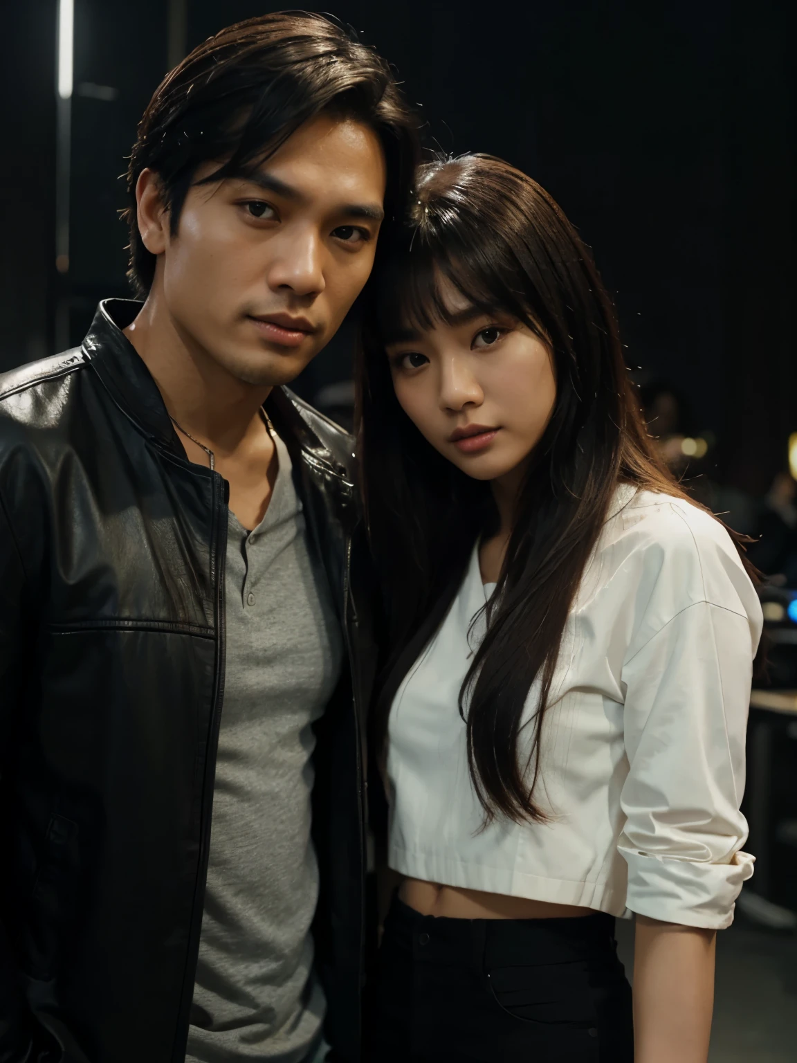 a handsome Indonesian man with black hair stood next to a beautiful young Korean woman with long blonde hair with bangs covering her forehead, a man dressed in a shirt and a woman wearing a leather jacket. singer, movie screencap, model Eliza Hess from acquamodels. Black background