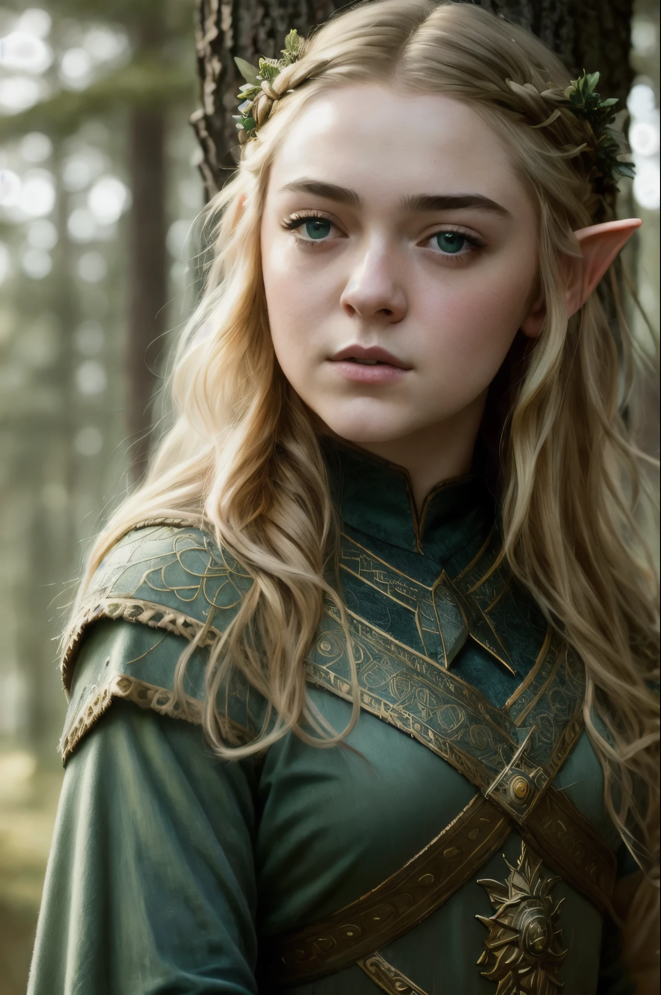 portrait painting of 1girl, Epic Character face mix of Maisie Williams and Elle Fanning, elf, blonde hair, blue eyes, green dress, Upper body focus, Nordic goddess, intricate, cinematic lighting, styled hair, fantasy movie, genre fantasy, artistic cinematography, premium quality fantasy movie color grading, upper body shot, detailed skin, fantasy, snowy nordic forest, modelshoot style, (extremely detailed CG), photo of beautiful artwork, (Antonio Moro), (Jeremy Mann), High Detail, Sharp focus, dramatic, oil painting, realistic