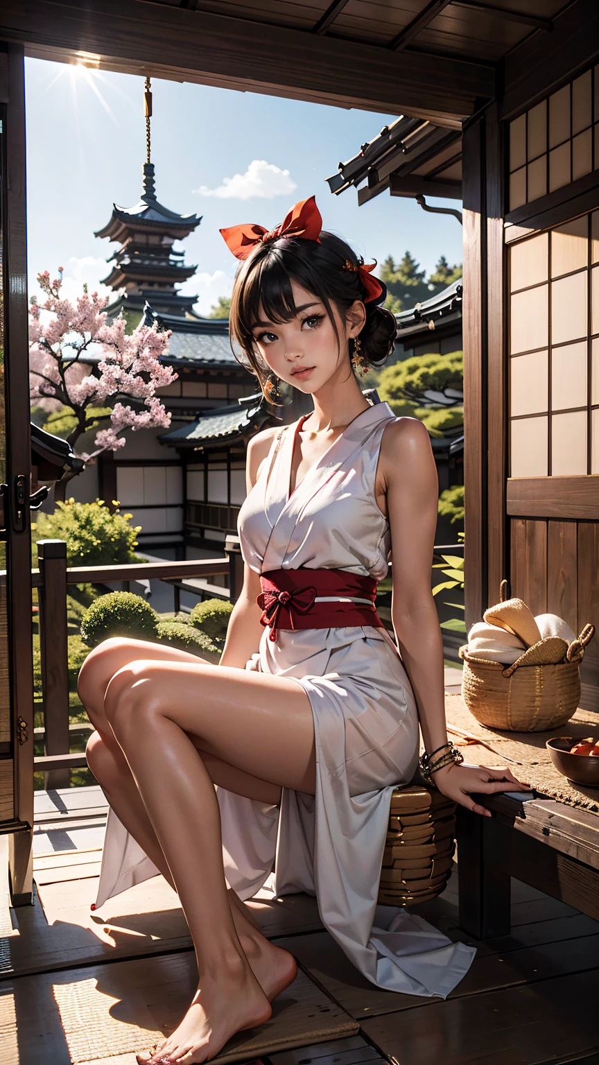 ((最high quality, 8K, masterpiece: 1.3, Ultra HD, high quality, 最high quality, High resolution, realism)) 、A stunningly beautiful 22-year-old Japanese woman、hair color is black、black eye、medium hair、straight hair、smile、Slender but well-proportioned, slim and muscular body、Athlete-like body type、I don't want my head to disappear from the screen.、Wearing red nail polish、I have a peticure、Sitting on the veranda of a Japanese house in the Japanese countryside、It's summer、A wind chime is hung in front of the eaves.、barefoot、Eating watermelon、A courtyard spreads out in front of the verandah.、wear a yukata、I can see her cleavage
