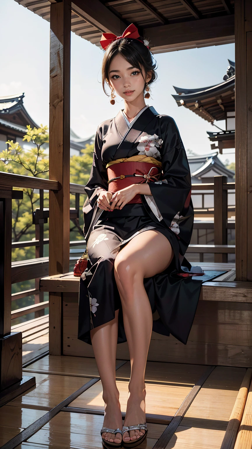((最high quality, 8K, masterpiece: 1.3, Ultra HD, high quality, 最high quality, High resolution, realism)) 、A stunningly beautiful 22-year-old Japanese woman、hair color is black、black eye、medium hair、straight hair、smile、Slender but well-proportioned, slim and muscular body、Athlete-like body type、I don't want my head to disappear from the screen.、Wearing accessories on the wrist、Wearing red nail polish、I have a peticure、Sitting on the veranda of a Japanese house in the Japanese countryside、It's summer、A wind chime is hung in front of the eaves.、barefoot、There is a basket full of tomatoes and carrots on the veranda.、The basket is made of woven bamboo strips、A courtyard spreads out in front of the verandah.、There is a well with a hand pump in the courtyard.、wear a yukata、hair band((hair ribbon))