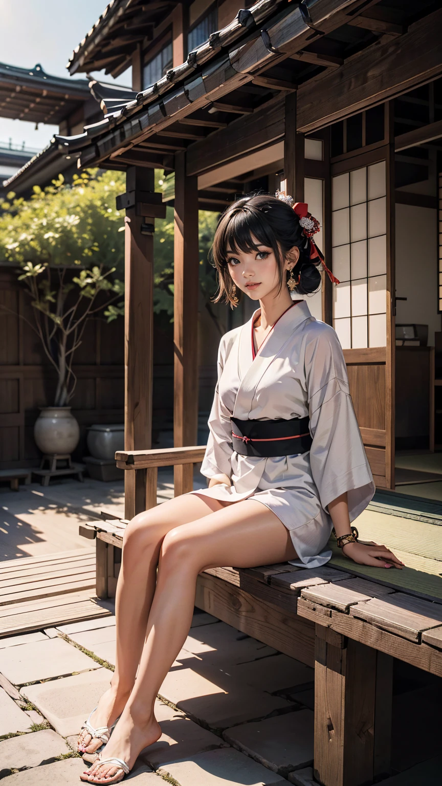 ((最high quality, 8K, masterpiece: 1.3, Ultra HD, high quality, 最high quality, High resolution, realism)) 、A stunningly beautiful 22-year-old Japanese woman、hair color is black、black eye、medium hair、straight hair、smile、Slender but well-proportioned, slim and muscular body、Athlete-like body type、I don't want my head to disappear from the screen.、Wearing accessories on the wrist、Wearing red nail polish、I have a peticure、Sitting on the veranda of a Japanese house in the Japanese countryside、It's summer、A wind chime is hung in front of the eaves.、barefoot、There is a basket full of tomatoes and carrots on the veranda.、The basket is made of woven bamboo strips、A courtyard spreads out in front of the verandah.、There is a well with a hand pump in the courtyard.、wear a yukata、hair band((hair ribbon))