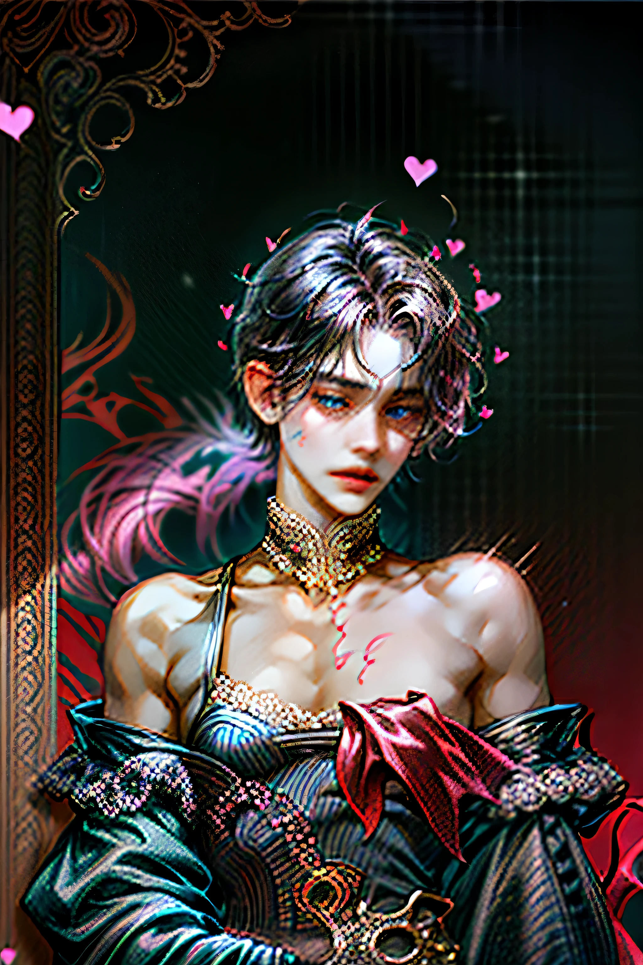 Male, black hair with pink highlights, Incubus, Demon of lust, blue eyes, pale, short fluffy hair, lithe body, masterpiece, intricate details, beautiful, handsome, heart themed