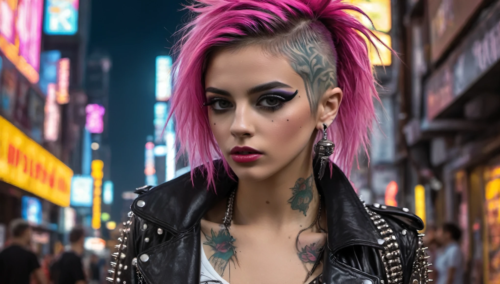 (de primera calidad,8K,32k,masterpiece,HD:1.3),ultra high resolution,(Fotorrealista:1.4),foto cruda, Chica ciberpunk, cara linda detallada,pelo ciber punk,moda ciberpunk,ropa muy detallada,tiro de medio cuerpo, ,fondo de la ciudad ciber punk,efecto de luz de fondo, destello de lente, profundidad de campos, ciberpunk