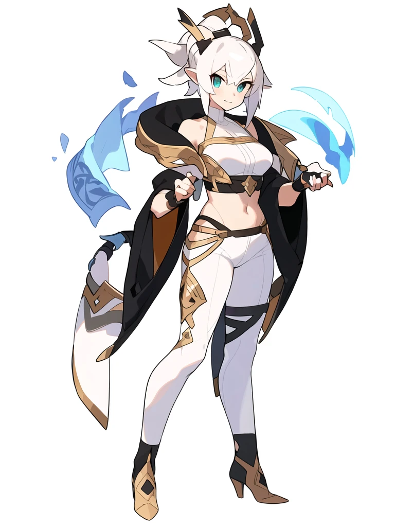 solo, female, crop top, ((( white background))), character focus, fantasy cloth, standing, character design, full body, magician,
