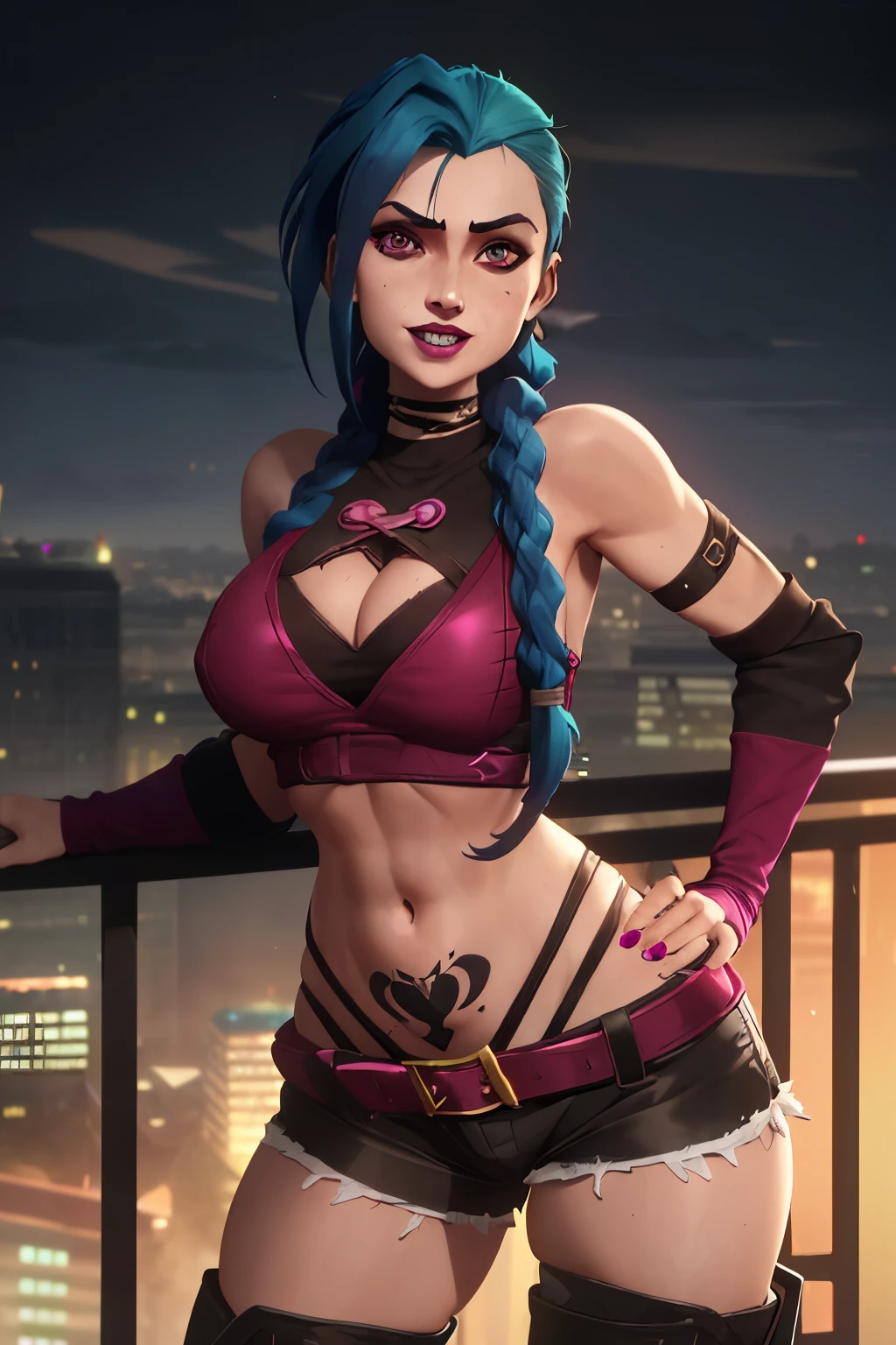 arcane style, 1 girl, tattoo on the arm, asymmetrical bangs, bangs, blue hair, braid, muscular with a deep v, look at the viewer, seductive smile, flirtatious, licking lips, saliva, drops of saliva ,(( night, room with a sexual moment)) ,green hair, long hair, stomach, ((long tits)), (( semi-naked, wet, sweaty, sweat drops, erect zenos, pink eyes, red lips,  super fine trikini, almost naked, super detail)) , solo, sexy pose, tattoo, twin braids, upper body, arcane curse, curse \(League of legends\)