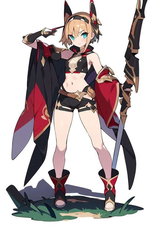stand posture, cute eyes, 1girl, solo, high fantasy outfits, ((white background)), full body, holding weapon, thong, magician,