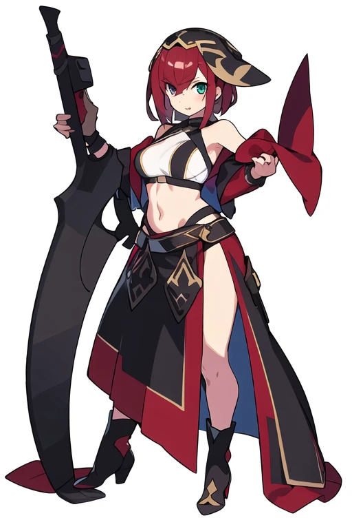 stand posture, cute eyes, 1girl, solo, high fantasy costume, ((white background)), full body, holding weapon, crop top,