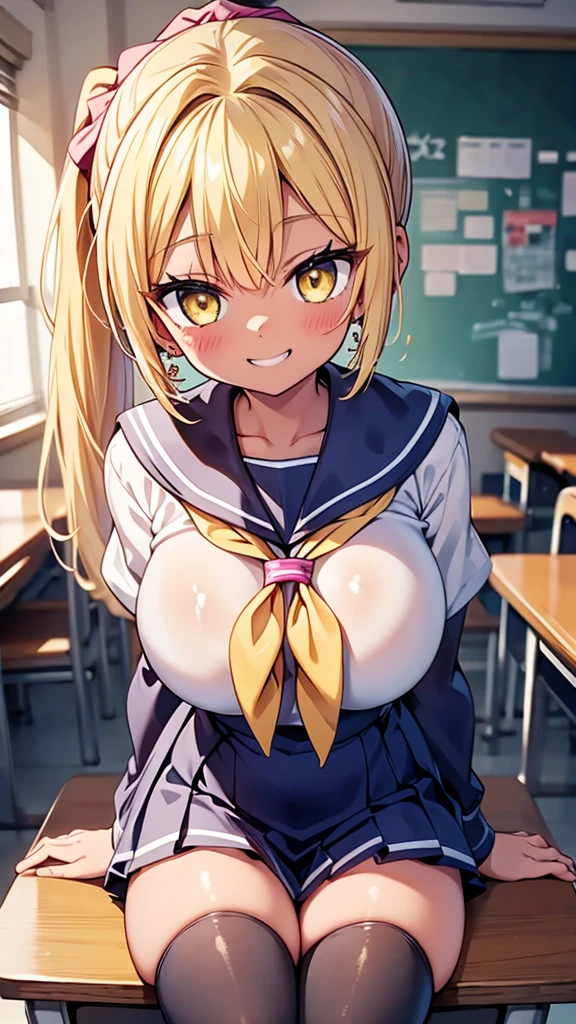 highest quality,wonderful,finely,extremely detailed CG Unity 8K wallpaper, (1 girl,blonde, yellow eyes, low ponytail, Scrunchie, earrings、evil smile), (grin and laugh:1.1), ((brown skin:1.2), (huge breasts:1.1),(sailor uniform:1.3), (zettai ryouiki:1.4),sit on a chair、whole body、taken from above、classroom background