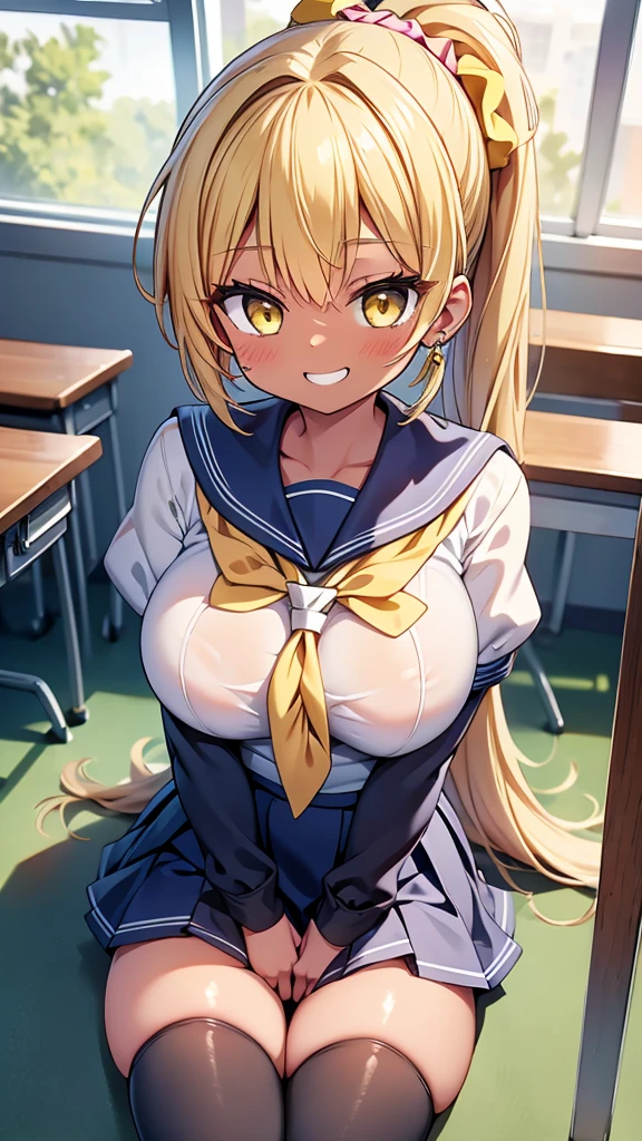 highest quality,wonderful,finely,extremely detailed CG Unity 8K wallpaper, (1 girl,blonde, yellow eyes, low ponytail, Scrunchie, earrings、evil smile), (grin and laugh:1.1), ((brown skin:1.2), (huge breasts:1.1),(sailor uniform:1.3), (zettai ryouiki:1.4),sit on a chair、whole body、taken from above、classroom background