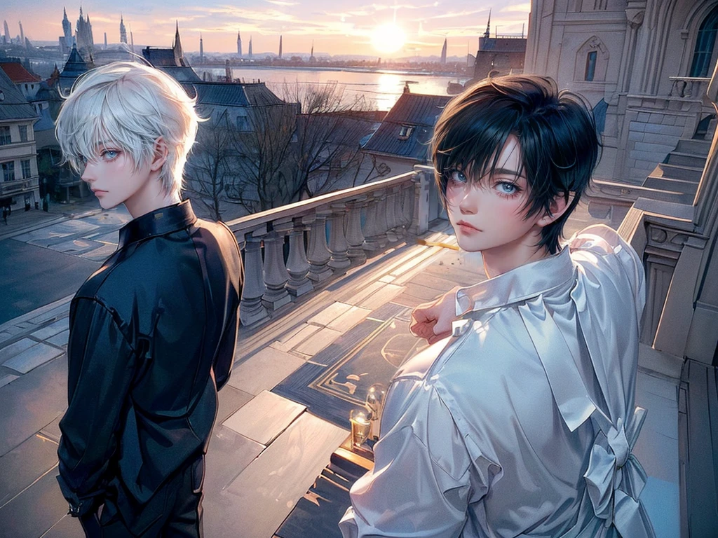 ((4K works))、​Masterpiece、(top quality)、a beautiful boy、slim、High、((Black Y-shirt+white pants、charming street style))、(Detailed beautiful eyes)、Stylish British Black Balcony、The castle where villains live、black shop window、balcony at night、((starry sky in background))、((dark sky))、((Stylish city views))、((Shoot from a stylish balcony))、midnight、((Face similar to Carly Rae Jepsen))、((short hair white hair))、((face smaller))、((neutral face))、((bright blue eyes))、((American adult male))、((Adult male 26 years old))、((cruel man))、((like a celebrity))、((wild look))、((Korean makeup))、((eyes long and sharp))、((Happy Dating))、((Childish))、((upper body photography))、Professional photos、((shot alone))、((shot from behind))、((You can see the back of your head when taking the photo))、((Shoot near him))、((focus magnification))、((he is watching the sunset))、((He stood on the stairs))