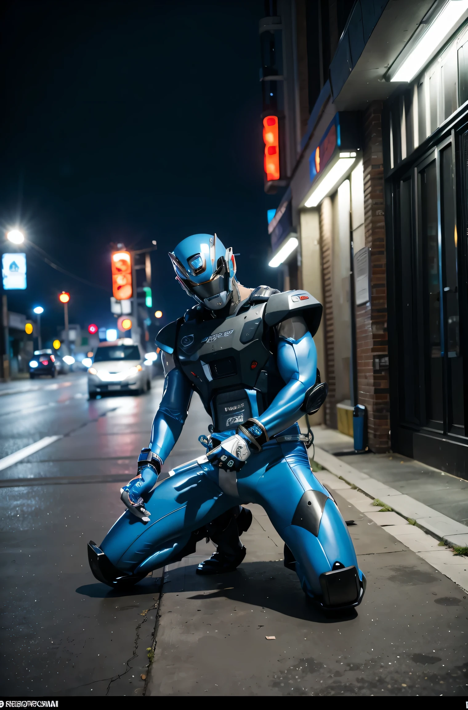 cyberpunk, (chain saw, chain saw man, blue:1.1), kneeling on roof of a car, robotic essence, reelmech, cybernetic samurai, worn-out mech suit, damaged, intricate, (rusty, damaged), elegant, clear focus, shot by greg rutkowski, soft lighting, vibrant colors, masterpiece, ((street)), cowboy shot, dynamic pose, fighting stance