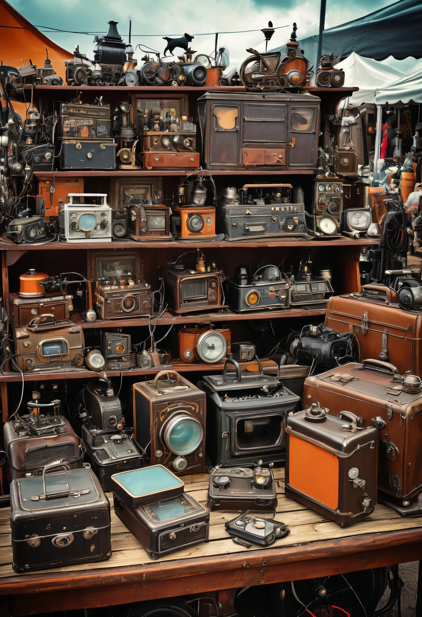 Steampunk style textures Witches flea market with old electronics and machinery for sale. Many witches and wizards gather and bargain for goods. The flea market is set up next to a Shetland Sheepdog meeting place, and the witches and wizards are accompanied by Shetland Sheepdogs. A fine vintage photograph. It is finished in a poster style and has the words "Shetland Sheepdog Alsace" designed on it.