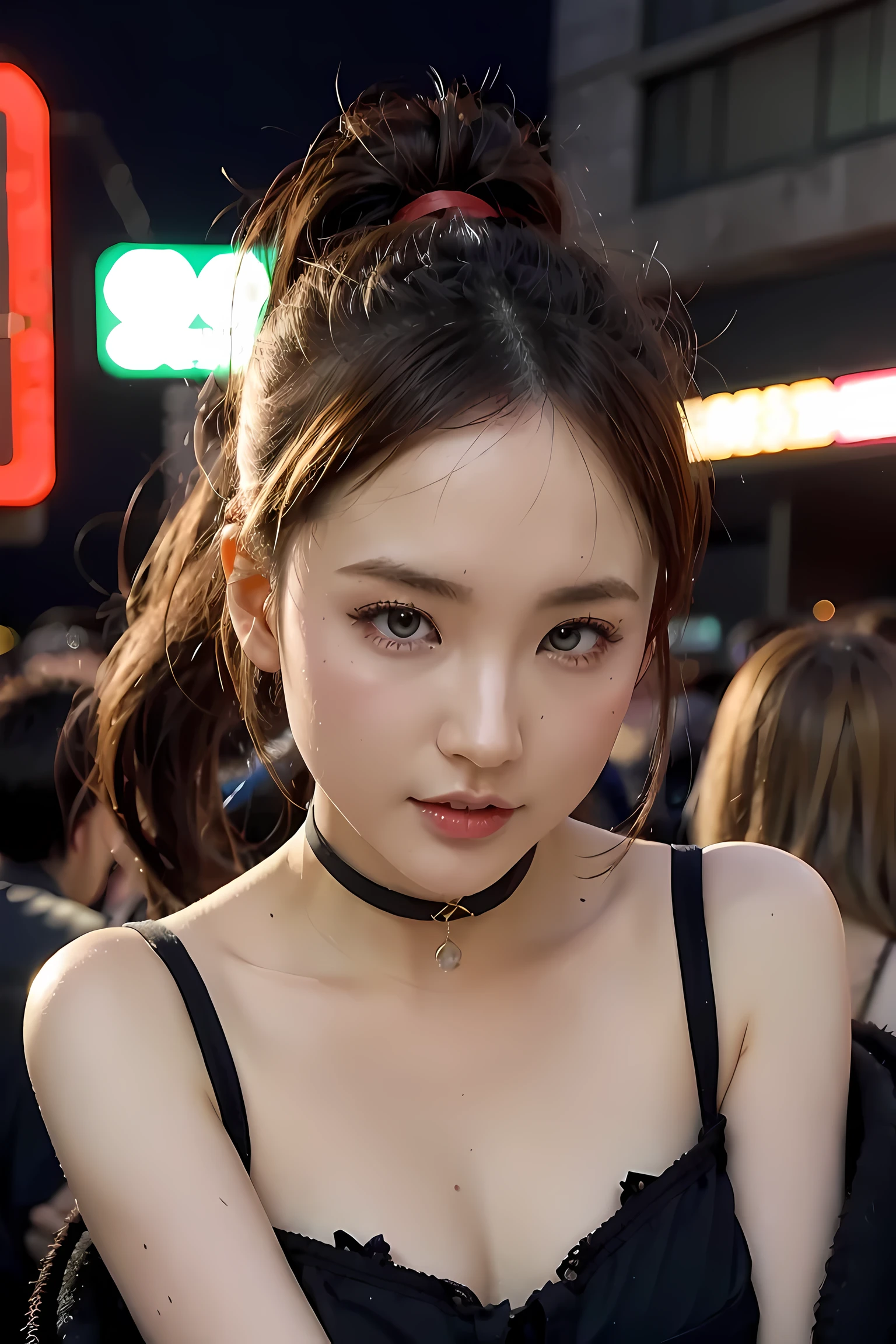 (masterpiece, best quality, 8k, sharp focus, depth of field, best shadows, perfect lights, HDR, realistic skin texture, ultra-detailed background, detailed), anime style, 2 women kissing (one of them has green eyes, white skin, black hair with ponytail, choker, small breasts, slim, makeup, eyeliner, glitter), (the other woman has blonde hair), at a night club, cyberpunk theme, Cyberpunk City.