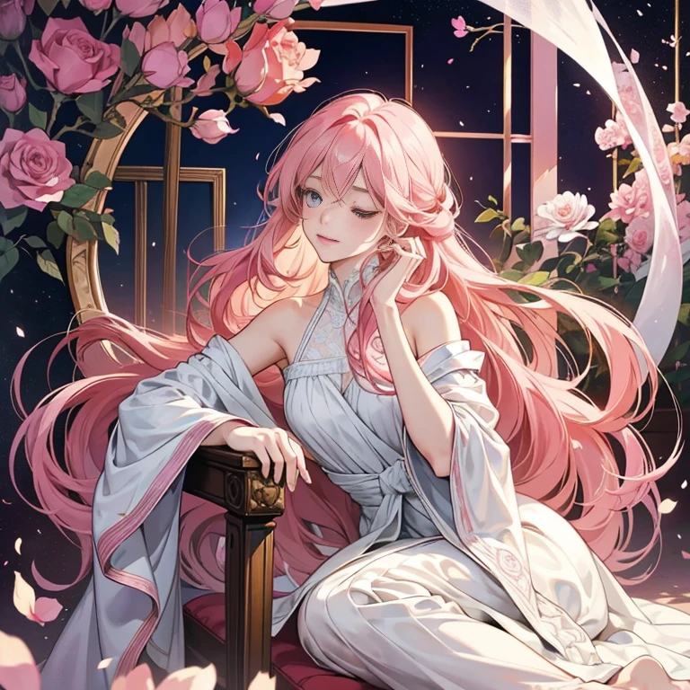 Anime girl with long pink hair cascading down her shoulders, sitting gracefully on an antique chair, delicately holding a rose between her slender fingers. The petals of the rose bloom in vibrant hues, complementing her pink locks. Her eyes are closed in a moment of contemplation, her elegant features framed by the soft bangs that fall over her forehead.
On the other side of the canvas, a beautiful androgynous prince stands in an elegant pose, his androgynous features adding an allure of mystery to his persona. His long, flowing robes billow softly in the breeze, highlighting the intricate designs and patterns that adorn his attire. With