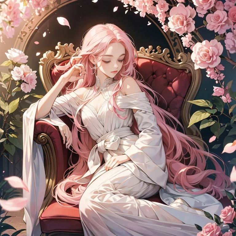 Anime girl with long pink hair cascading down her shoulders, sitting gracefully on an antique chair, delicately holding a rose between her slender fingers. The petals of the rose bloom in vibrant hues, complementing her pink locks. Her eyes are closed in a moment of contemplation, her elegant features framed by the soft bangs that fall over her forehead.
On the other side of the canvas, a beautiful androgynous prince stands in an elegant pose, his androgynous features adding an allure of mystery to his persona. His long, flowing robes billow softly in the breeze, highlighting the intricate designs and patterns that adorn his attire. With
