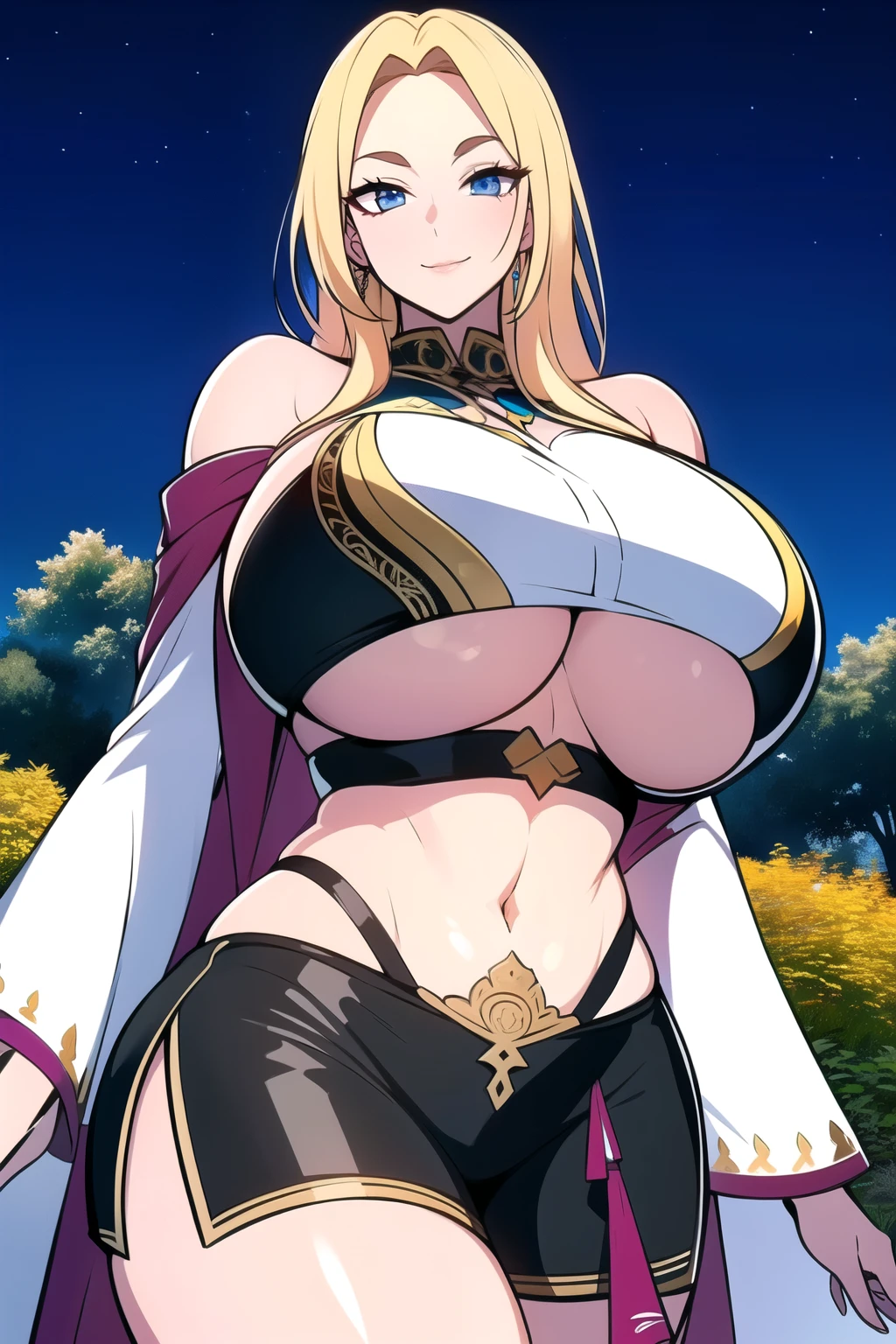 ultra realistic 8k cg, masterpiece, ((ultra detailed background, intricate detail, highly detailed, fine details best quality, hyperdetailed face)), gigantic breasts ,beautiful lighting, absurdres, BoaHancockV2, 1girl, solo, (blonde hair), long hair, jewelry, closed mouth, ), ( bare shoulders, (arabian dancer outfit: 1.4), (underboob : 1.4), curvy, midriff, curvy, thighs, shiny clothes), blue eyes, outdoor, standing in garden), ((cowboy shot)), curvy, (gigantic breasts: 1.1), seductive smile, cowboy shot,