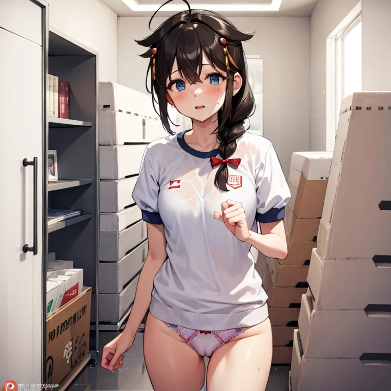 gym storeroom, shigure, ahoge, brown hair, blue eyes, braid, hair ornament, hair over shoulder, long hair, single braid, hair flaps, (masterpiece, best quality:1.2), illustration,8k,hd,long hair, single braid, clenched fist、white panties、white gym uniform、panty peeping, good, Wet, from below、Folded up gym clothes、camel toe