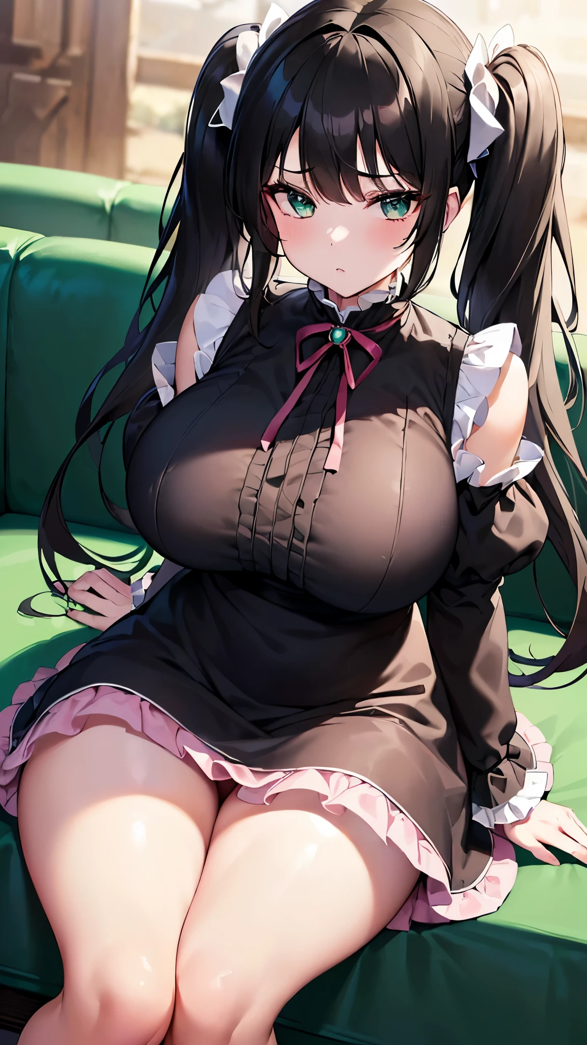 (8K, highest quality, master piece:1.2),\(green eyes\),(\(Clothing details\)\),cowboy shot,(huge tit) ,Highly detailed CG Unity 8k Huge file size,super detailed,High resolution,absurd,beautiful eyes,ray tracing,dramatic shadow,finely,hyper detail,(1 girl:1.3),(alone),(black hair twintails),wearing(cosplay、Cute dress style、A pale pink and black frilly dress、Very short black skirt),blush、((big thighs))、((Hot breath))、simple background、Short white socks、turn toward the viewer、sit on a chair、open your legs、I can see your panties