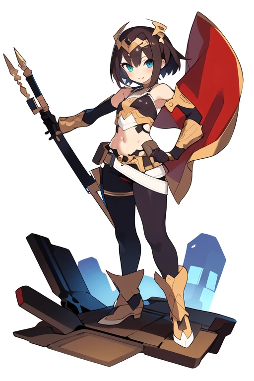 stand posture, cute eyes, 1girl, solo, high fantasy costume, ((white background)), full body, holding weapon, crop top, character design,
