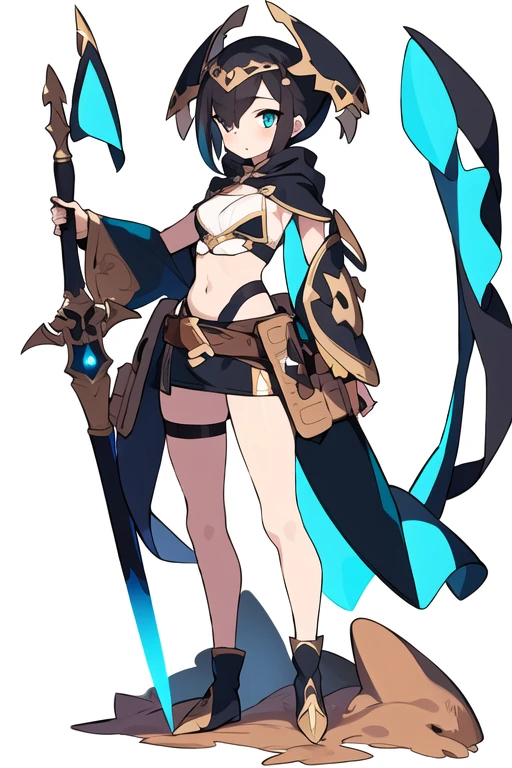 stand posture, cute eyes, 1girl, solo, high fantasy costume, ((white background)), full body, holding weapon, crop top, character design,