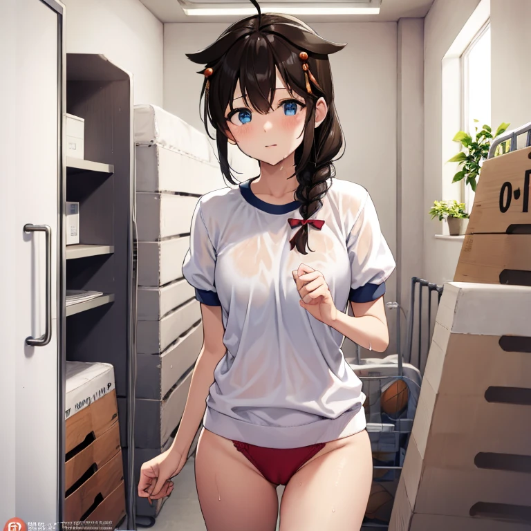 gym storeroom, shigure, ahoge, brown hair, blue eyes, braid, hair ornament, hair over shoulder, long hair, single braid, hair flaps, (masterpiece, best quality:1.2), illustration,8k,hd,long hair, single braid, clenched fist、white panties、white gym uniform、panty peeping, good, Wet, from below、Folded up gym clothes、camel toe