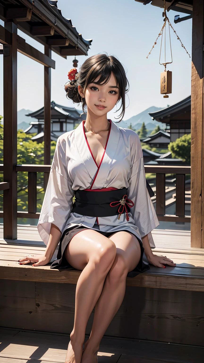((最high quality, 8K, masterpiece: 1.3, Ultra HD, high quality, 最high quality, High resolution, realism)) 、A stunningly beautiful 22-year-old Japanese woman、hair color is black、black eye、medium hair、straight hair、smile、Slender but well-proportioned, slim and muscular body、Athlete-like body type、I don't want my head to disappear from the screen.、Wearing red nail polish、I have a peticure、Sitting on the veranda of a Japanese house in the Japanese countryside、It's summer、A wind chime is hung in front of the eaves.、barefoot、Eating watermelon、A courtyard spreads out in front of the verandah.、wear a yukata