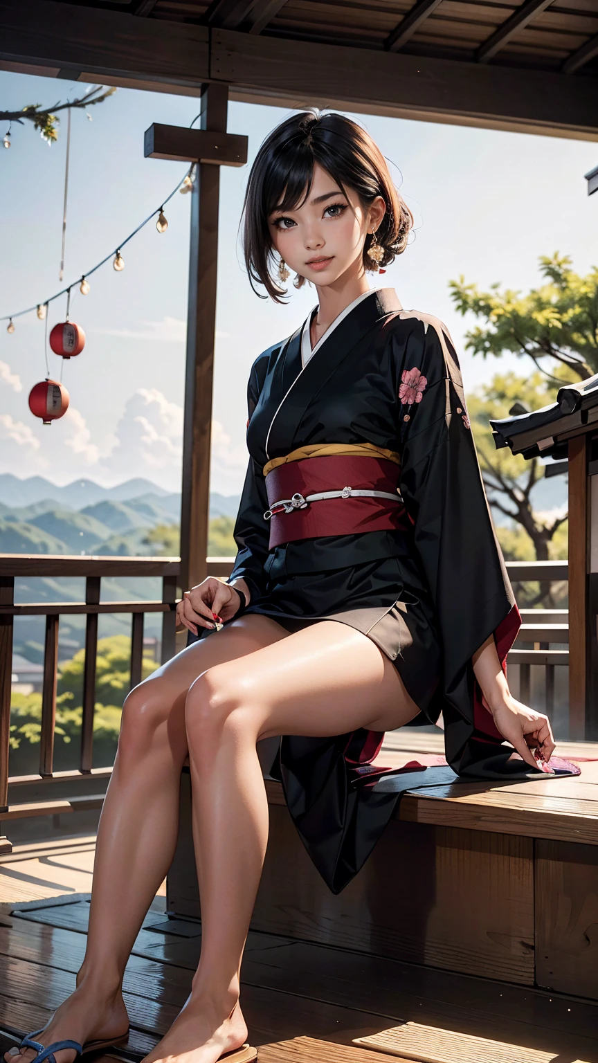 ((最high quality, 8K, masterpiece: 1.3, Ultra HD, high quality, 最high quality, High resolution, realism)) 、A stunningly beautiful 22-year-old Japanese woman、hair color is black、black eye、medium hair、straight hair、smile、Slender but well-proportioned, slim and muscular body、Athlete-like body type、I don't want my head to disappear from the screen.、Wearing red nail polish、I have a peticure、Sitting on the veranda of a Japanese house in the Japanese countryside、It's summer、A wind chime is hung in front of the eaves.、barefoot、Eating watermelon、A courtyard spreads out in front of the verandah.、wear a yukata