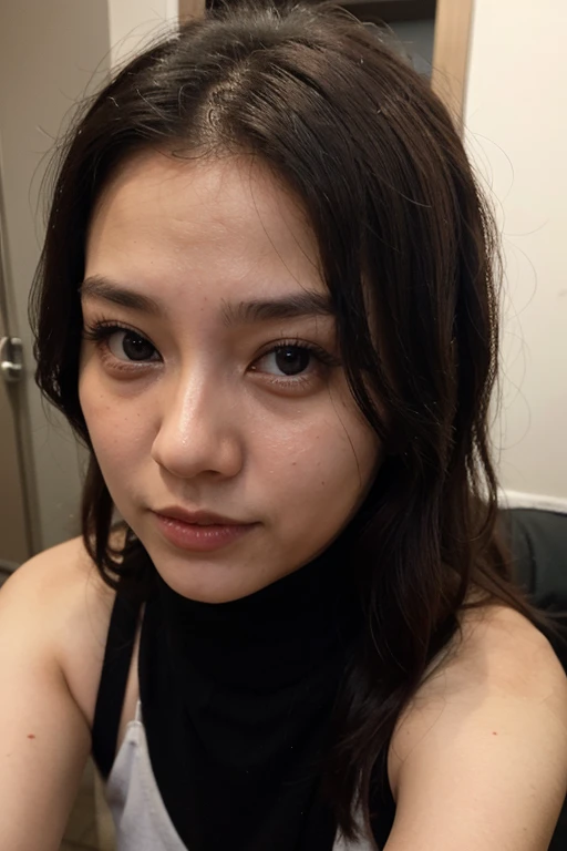 highest quality,masterpiece,Ultra-high resolution,(Realistic:1.4),Beautiful lighting, (Highly detailed CG Unity 8k wallpaper), Beautiful face in every detail,Detailed clothing, 50mm portrait photography, No background、One Girl,Big black eyes, cute, young, Pause, Facial Lighting, Physically Based Rendering,Written boundary depth , Black Hair, Medium Hair, ((Take from above)), Japanese women、20-year-old、navy sports bra、(Large Breasts)、(Upper Body)、Young and beautiful woman taking a selfie, Taken with iPhone camera、In front of a white wall、