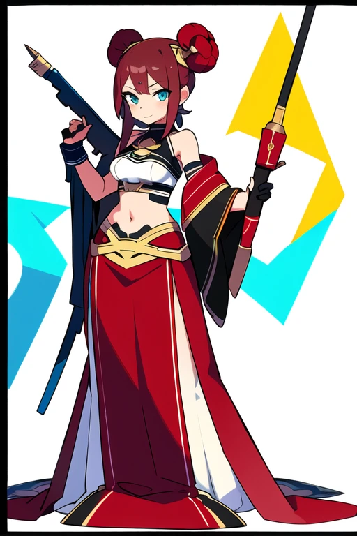 stand posture, cute eyes, 1girl, solo, high fantasy costume, ((white background)), full body, holding weapon, crop top, character design, vivid color,