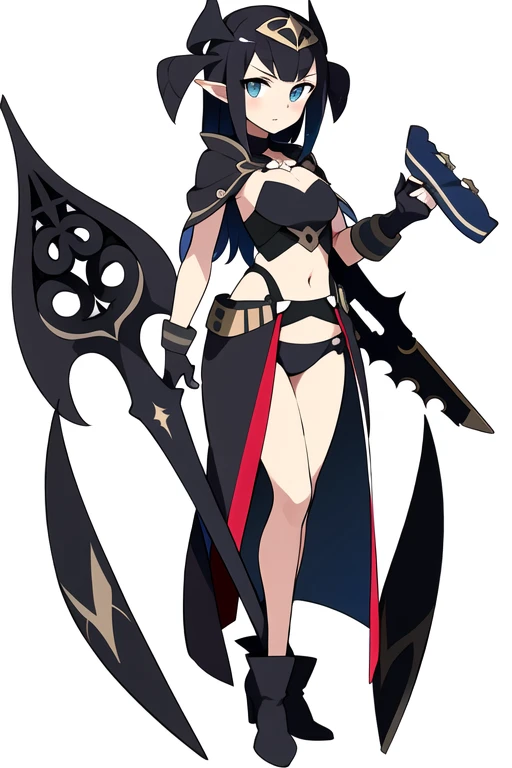 stand posture, cute eyes, 1girl, solo, high fantasy costume, ((white background)), full body, holding weapon, crop top, character design, vivid color,