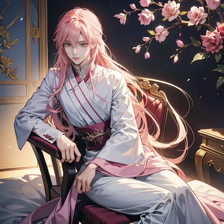 Anime boy with long pink hair, sitting majestically on a chair, holds a fragile rose between his slender fingers. His ethereal appearance is inspired by the character portraits of Hiro Yamagata, showcased on pixiv. With a neo-romanticism aesthetic, this beautiful androgynous prince radiates an air of sophistication and mystery. Demon slayer art infuses his handsome visage, with sharp lines and dynamic shadows enhancing his allure.
Elegant anime key visuals embrace this delightful scene, as the delicate and androgynous prince's eyes convey an enchanting mix of longing and love. His well-groom